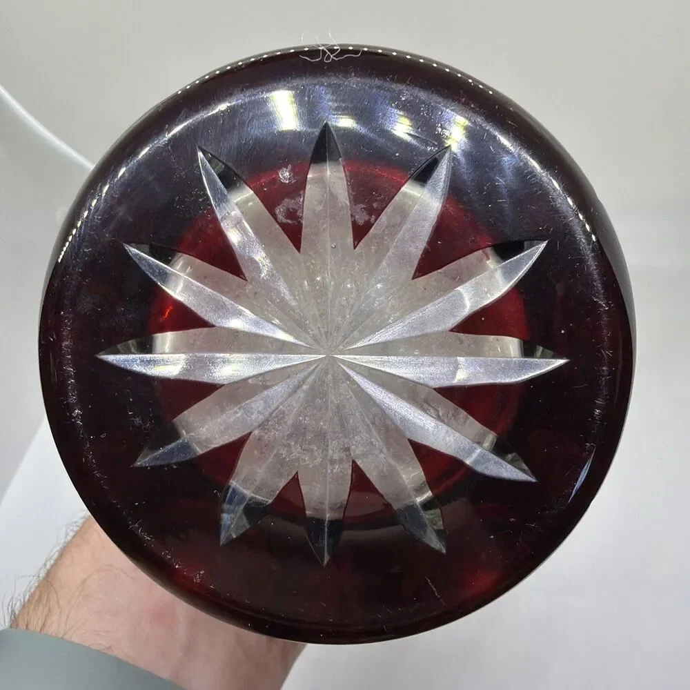 Vintage Bohemian Cut to Clear Ruby Red Cylinder Vase  12 Inches